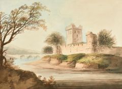 Attributed to William Payne (1760-1830) A riverside castle, watercolour with faint pencil, 9.75