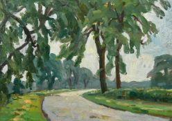 John Brown (20th Century) British, a tree lined country road, oil on panel, signed with initials,