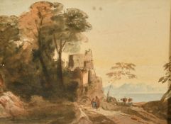 John Varley O.W.S. (1778-1842) A coastal castle with travelers on a road, watercolour, 4