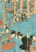 A 19th Century Japanese Interior scene with Geisha girls seated, wood block print, 13.5