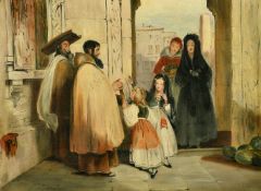 19th Century School, Figures entering a church in a Continental City, oil on canvas, 11.75