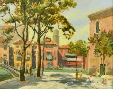 Jack Cross (Early 20th Century) British, figures in a Continental town square, oil on board, signed,