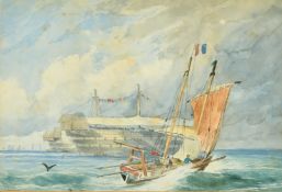 Circle of Eugene Isabey (1803-1886), A French ship with a prison hulk at sea, watercolour with