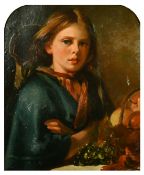 19th Century, Portrait of a young girl seated at a table with fruit, oil on board, 21.25
