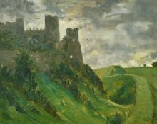 20th Century, a view of a castle on a hillside landscape, oil on board, indistinctly signed verso,