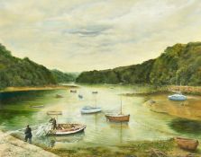 Stan Baldock, River scene with boats and fishermen preparing nets, oil on canvas, signed, 24