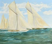 C. Squibb, Circa 2002, Resolute racing Shamrock IV in the 1920 America's Cup, oil on board, signed