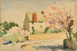 Padraig MacMiadhachain (1929-2017) Irish, A cottage on a corner, watercolour, signed, 9