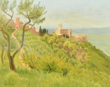 Robert Morson-Hughes (1873-1953) British, a Continental hillside town, oil on panel, signed, 13