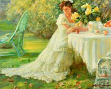 Alexander Averin (b. 1952) Russian, 'A young woman in white at a table outdoors', oil on board,