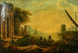 19th Century, A Mediterranean harbour scene with fishermen and merchants on the quay, oil on canvas,