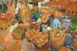 Ken Moroney (1949-2018) British, figures at a colourful street market, oil on board, signed, 6