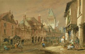 19th Century School, Figures on a busy Breton Street, watercolour, inscribed, 10