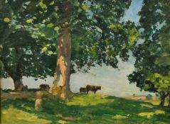 Osmund Pittman (1874-1958) British, a view of cows in a landscape, oil on board, signed with