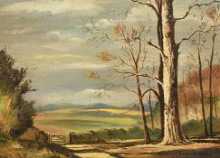 Attributed to Rowland Hilder (1905-1993) British, A landscape with trees, farm gate and fields