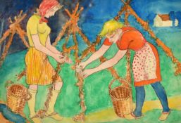 Max Burchartz (1887-1961) German, female workers in a field at harvest time, watercolour, dated,