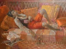 Julian Gordon Mitchell, (20th Century) A young woman reclining on pillows smoking a hookah pipe, oil