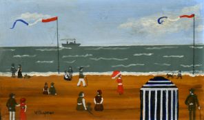 Margaret Chapman (1940-2000) British, Figures on a French beach and a paddle steamer ship beyond,