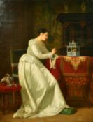 J. Berlin (19th /20th Century) Belgian, an elegant lady in a lavish interior gazing at a caged bird,
