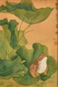 Heather James (20/21st Century) 'Toad upon lotus leaf', watercolour, signed and stamped, 20