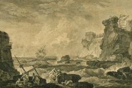 An 18th Century Mediterranean coastal shipwreck scene with figures on the shore, Georges Mayer,