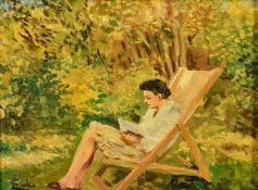 Luigi Gioli (1854-1947) Italian, a female figure in a deck chair reading, oil on canvas, signed,