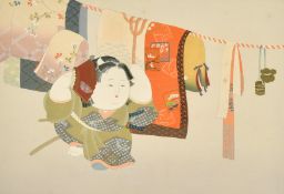 An early 20th Century Japanese woodblock print, A Japanese festival with a female figure holding a