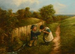 William Bromley (1769-1842) British, children drinking from a cup by a brook, oil on canvas, signed,