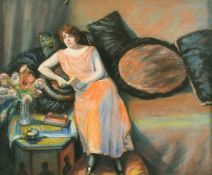 Circle of Delphin Enjolras (1857-1945), a study of a lady reading on a sofa, pastel, signed with