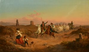 Georg Ludwig Vogel (1788-1879) Swiss, horsemen driving cattle through a landscape at dusk, oil on