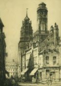 Andrew Affleck (1869-1935) British, 'Towers of Calais' etching, signed in pencil, labels verso, 16.