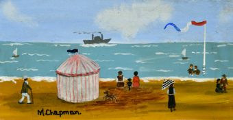 Margaret Chapman (1940-2000) British, Figures on a French beach with figures, children paddling