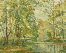Phillip Connard (1875-1958), 'Reflections', A view of trees along the river, oil on board, 14