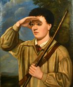 19th Century School, half-length portrait of a young man carrying a game bag, oil on canvas, 28