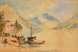 Circle of John Sell Cotman, a harvesting scene by a castle, watercolour, bears signature, 10.25