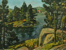 Robert Stewart Hyndman (1915-2009) Canadian, a view of a watery inlet surrounded by trees, oil on