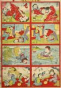 A Japanese Meiji period wood block print, A comical animation series depicting a Japanese comic in