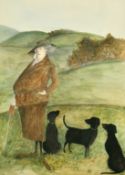 Sue Macartney-Snape (b.1957) British, a female figure with three black Labradors in rolling