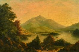 Follower of Nasmyth, 19th Century English School, figures by a mountain lake, oil on board, 12