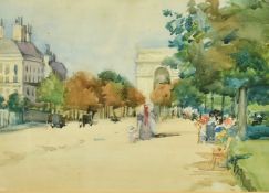 Circle of Luigi Loir (1845-1916) The Avenue des Champs-Elysees, watercolour, indistinctly signed,