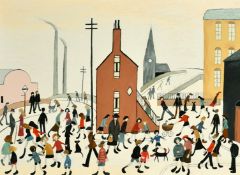 Follower of Lowry, 20/21st Century, A busy street scene with figures and dogs with mill chimneys