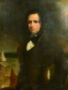 19th Century, Portrait of a young gentleman standing by a harbour wall, oil on canvas, 36