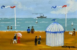 Margaret Chapman (1940-2000) British, Figures on a French beach with figures and a blue and white