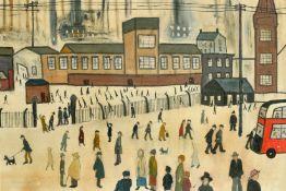 Follower of Lowry, Factory scene with workers and figures on the street, oil on canvas 15.75