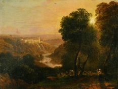 19th Century School, a view of a palace on a Continental hillside, oil on card, indistinctly signed,