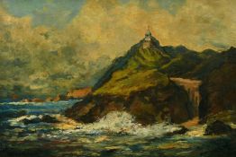 William Thornton Brocklebank (1893-1963) British, a figure standing by a rocky headland, oil on