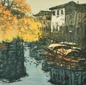 Suzhou School, A colour woodblock of a canal signed in Chinese and inscribed in pencil, numbered