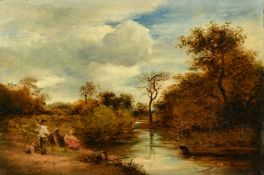 John Linnell (1792-1882) British, 'The Brook', a sketch study of figures fishing, oil on cradled