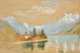 Circle of John Ruskin, A European lake scene, watercolour, pencil and gouache, 6.75