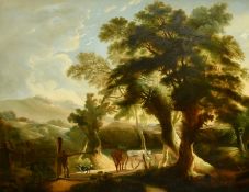 Circle of Charles Towne, a cattle drover crossing a bridge with mountains beyond, oil on canvas,